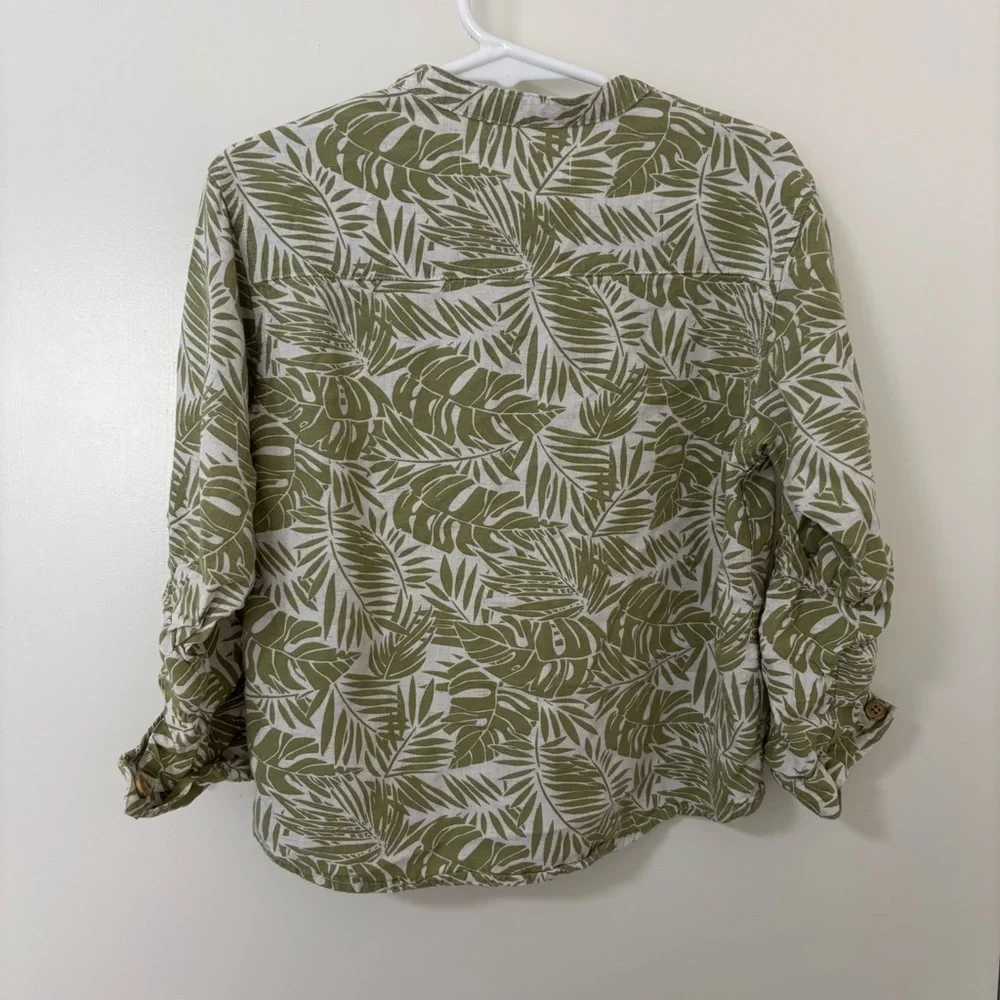 Zara kids linen blend tropical Green Leaf Print long Sleeve button down shirt
